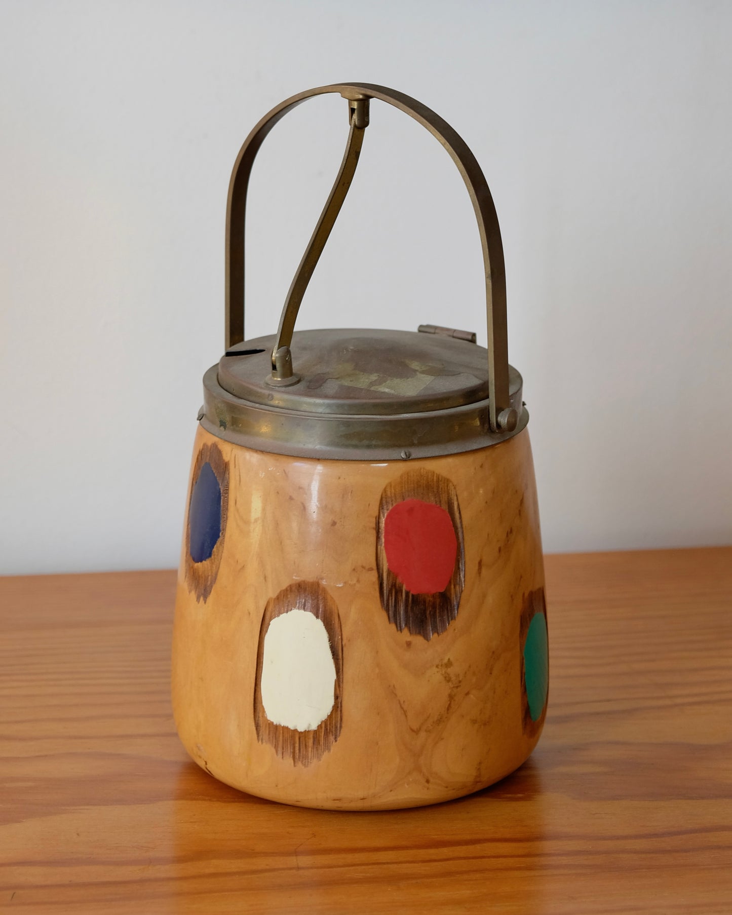 WOODEN ICE BUCKET w. HAND PAINTED SPOTS