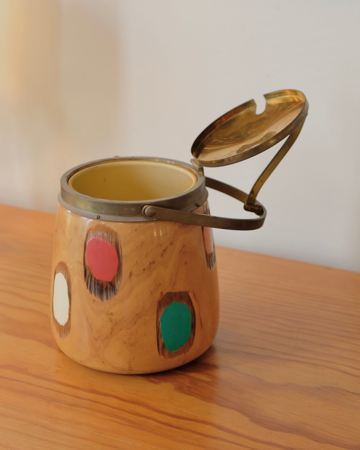 WOODEN ICE BUCKET w. HAND PAINTED SPOTS