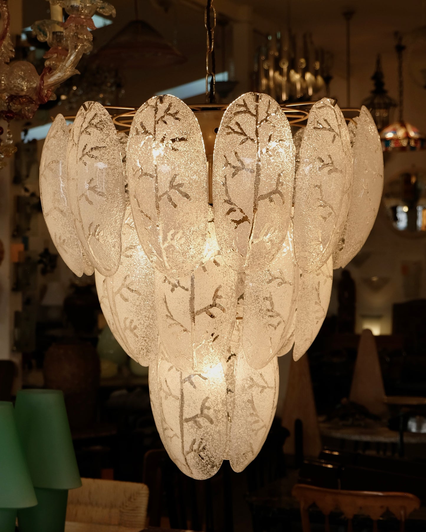 FROSTED MURANO GLASS LEAF CHANDELIER