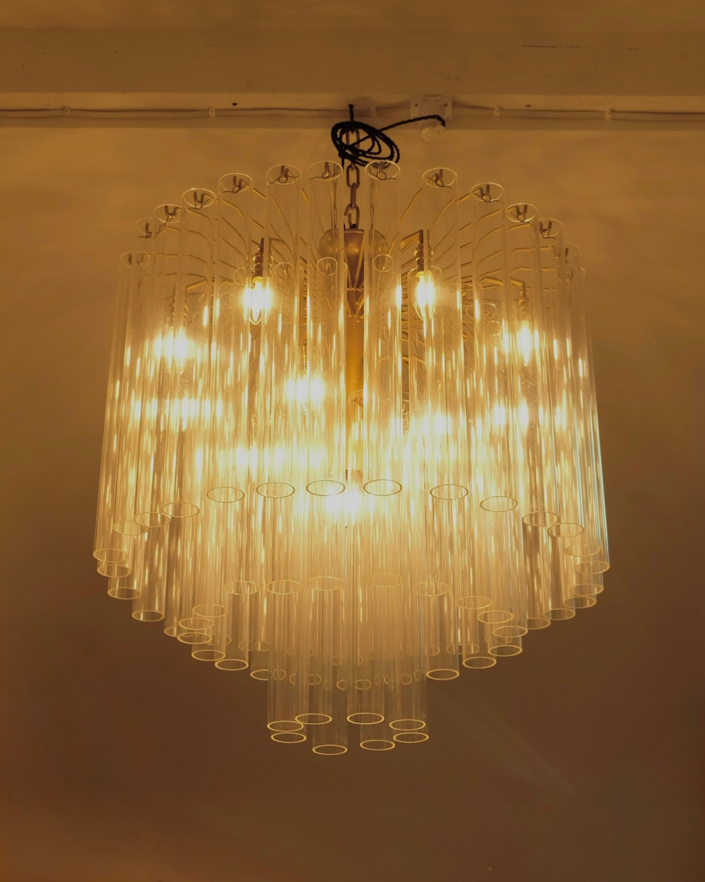 VENINI THREE TIERED CLEAR GLASS TUBE CHANDELIER