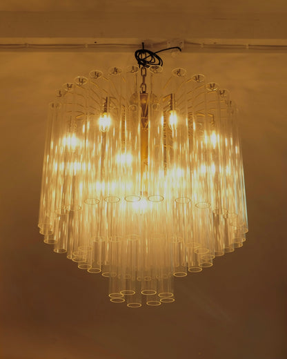 VENINI THREE TIERED CLEAR GLASS TUBE CHANDELIER