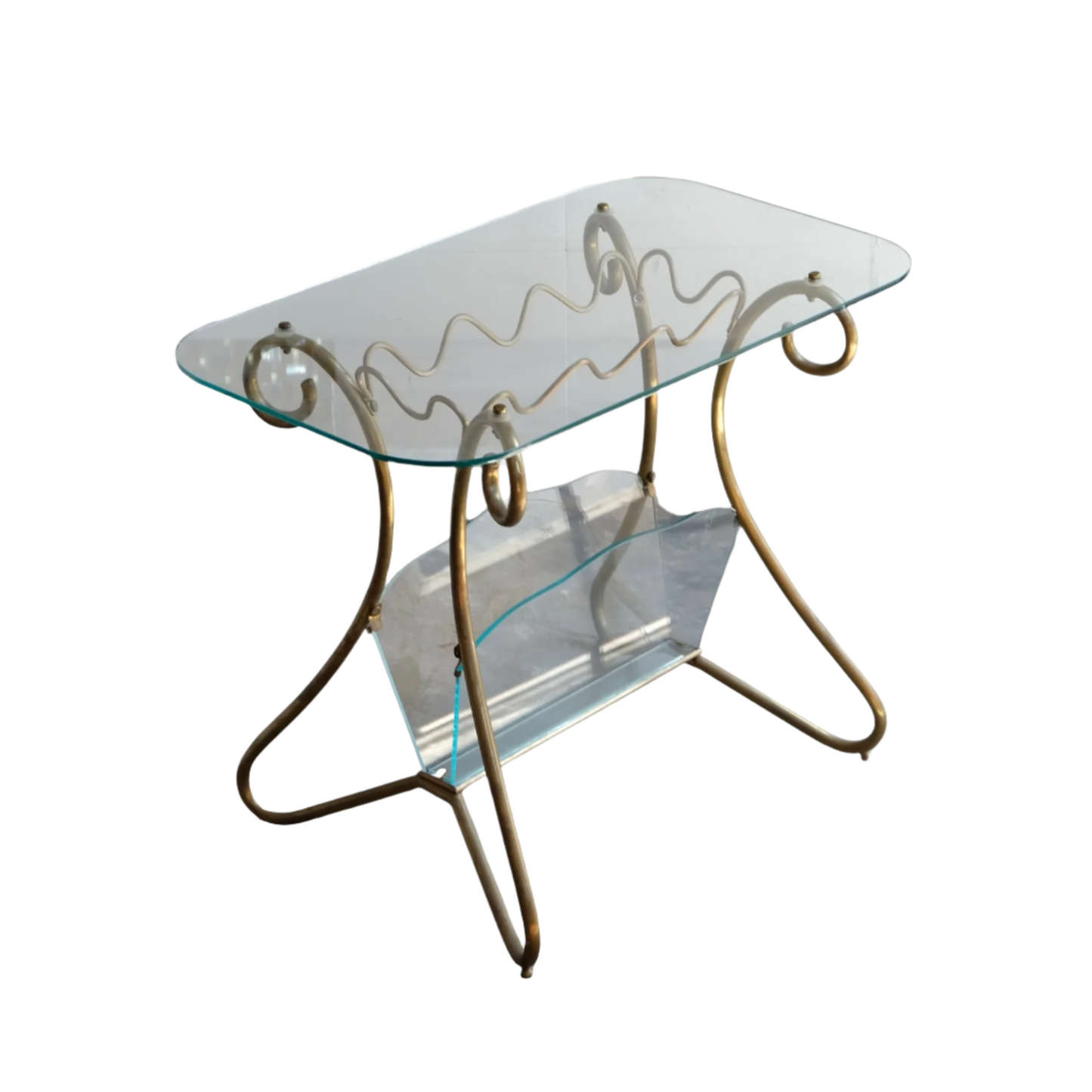 CURVED BRASS SIDE TABLE w. GLASS MAGAZINE STAND