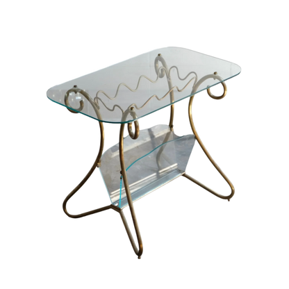 CURVED BRASS SIDE TABLE w. GLASS MAGAZINE STAND