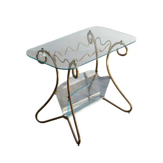 CURVED BRASS SIDE TABLE w. GLASS MAGAZINE STAND