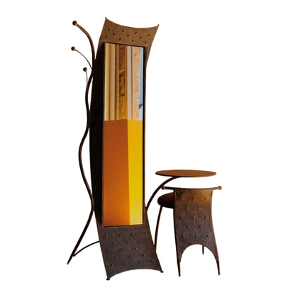 BRUTALIST METAL MIRROR w. SIDE CHAIR