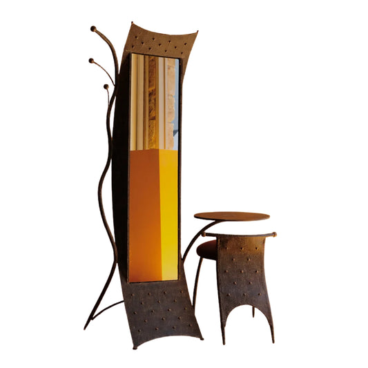 BRUTALIST METAL MIRROR w. SIDE CHAIR