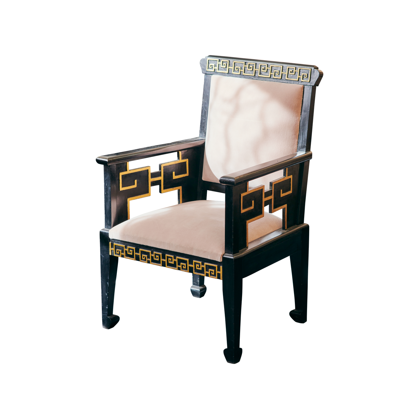 EBONIZED 5 PIECE SALON SUITE w. APPLIED GRECIAN KEY PATTERN w. TRACE GILDING