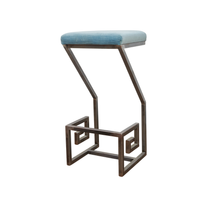 GREEK KEY BAR STOOLS w. BLUE VELVET