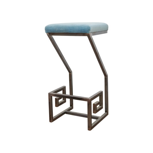 GREEK KEY BAR STOOLS w. BLUE VELVET