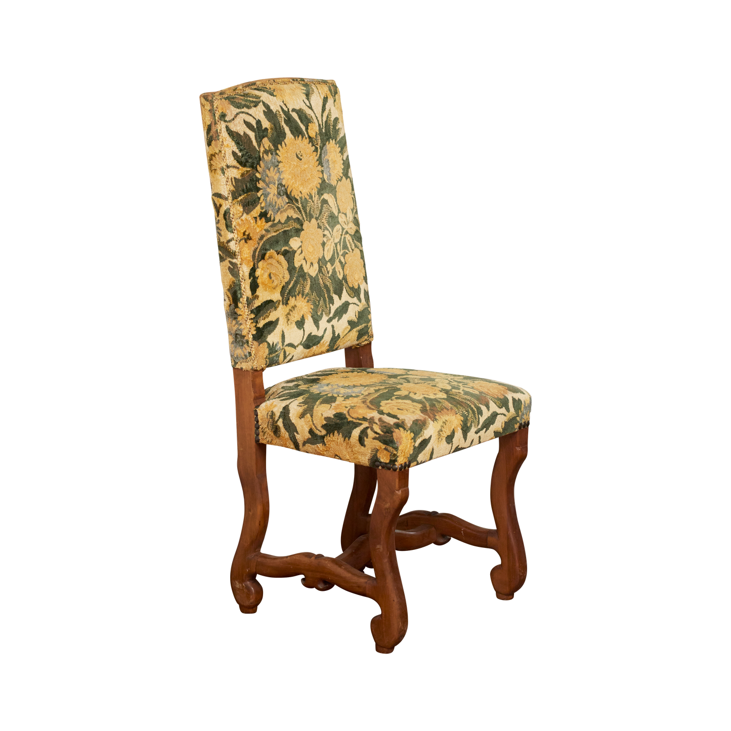 HAND CARVED CHAIRS w. FLORAL UPHOLSTERY