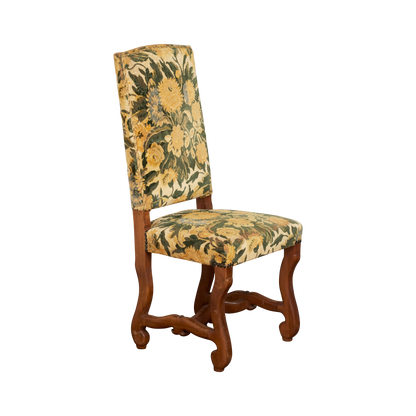 HAND CARVED CHAIRS w. FLORAL UPHOLSTERY