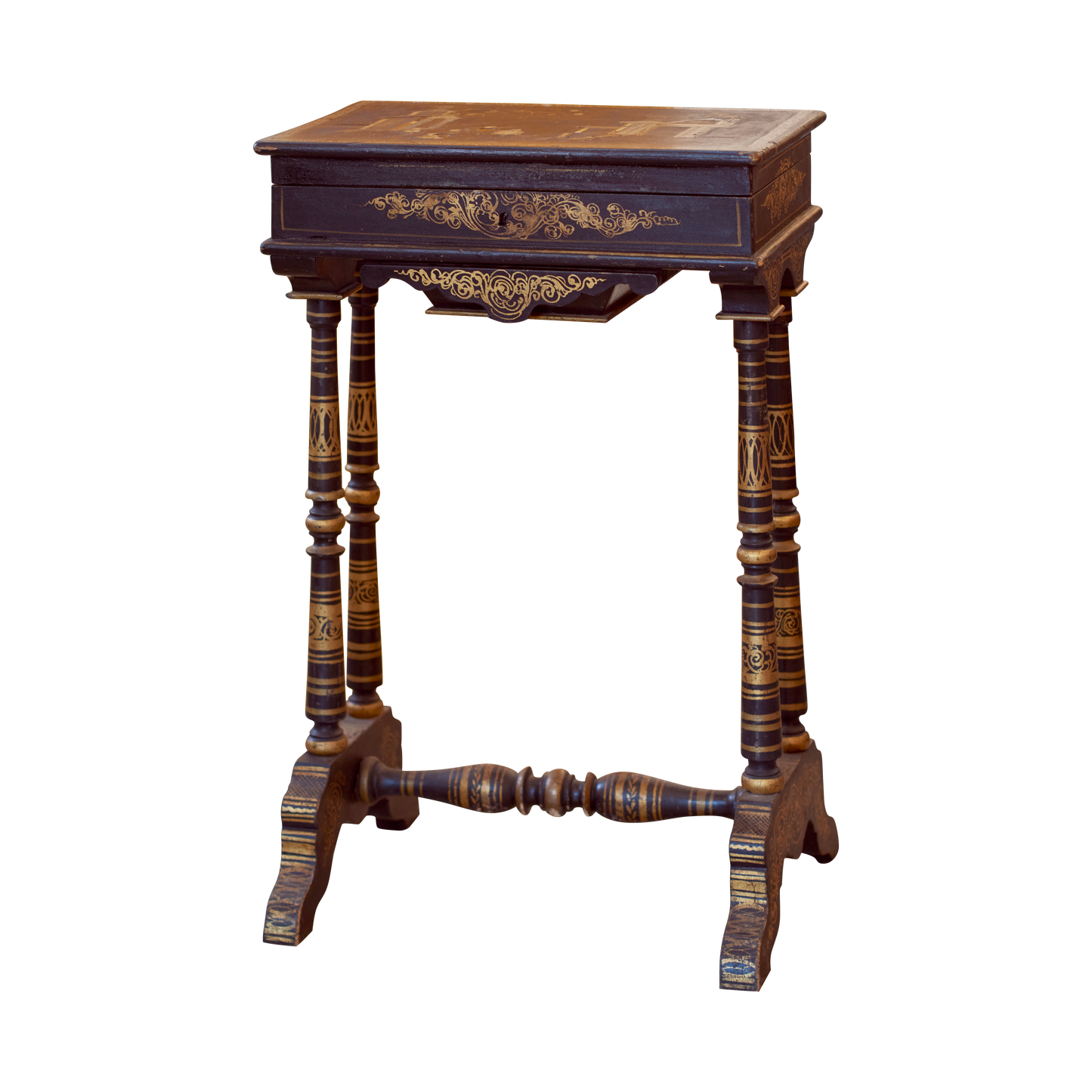 HAND PAINTED SEWING TABLE w. MOTHER OF PEARL INLAYS