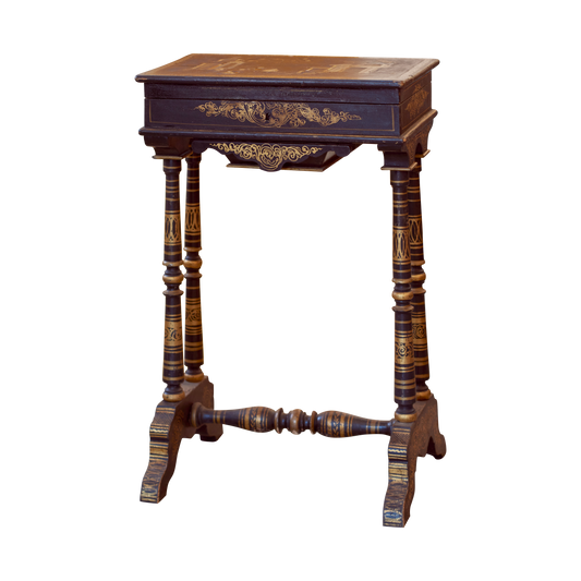 HAND PAINTED SEWING TABLE w. MOTHER OF PEARL INLAYS