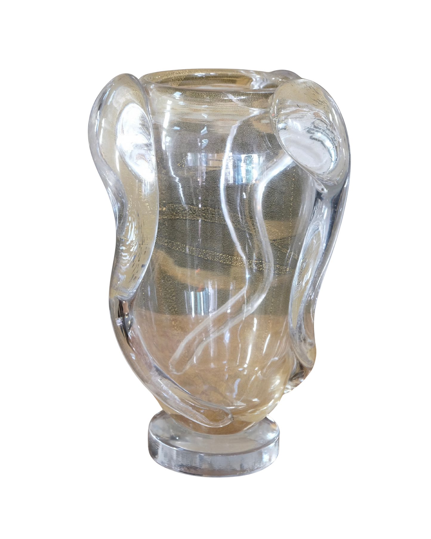 CLEAR AMBER WASH MURANO VASE w. TRI SWIRL DETAIL