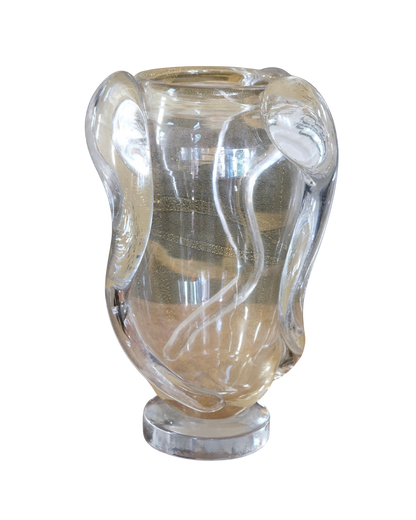 CLEAR AMBER WASH MURANO VASE w. TRI SWIRL DETAIL