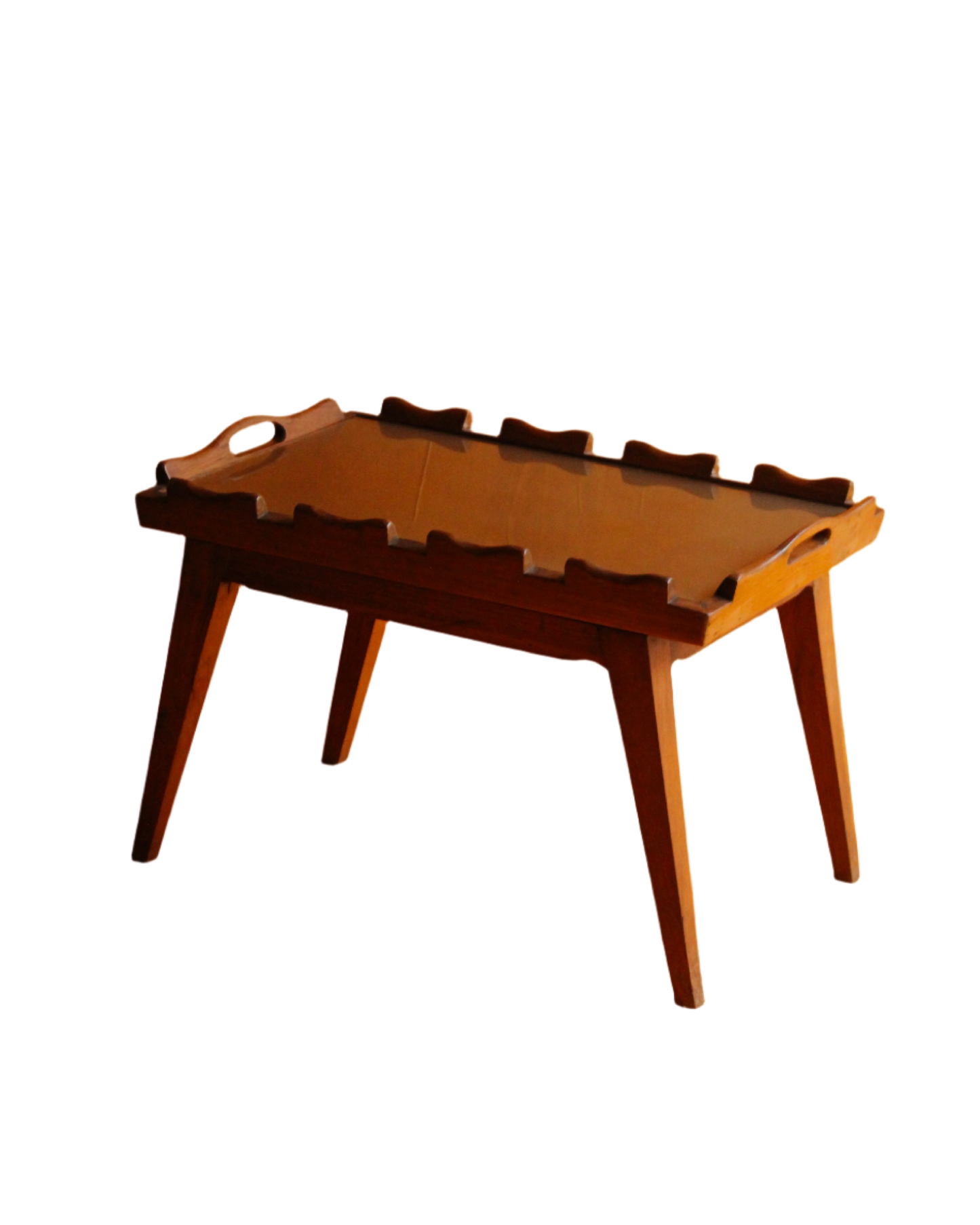 MID CENTURY TEAK SERVING SIDE TABLE w. CARVED DETAIL