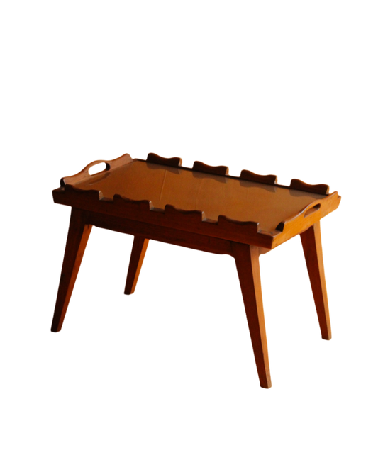 MID CENTURY TEAK SERVING SIDE TABLE w. CARVED DETAIL