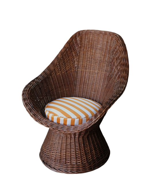 PAIR OF WOVEN CANE CHAIRS w. SILK STRIPE UPHOLSTERY