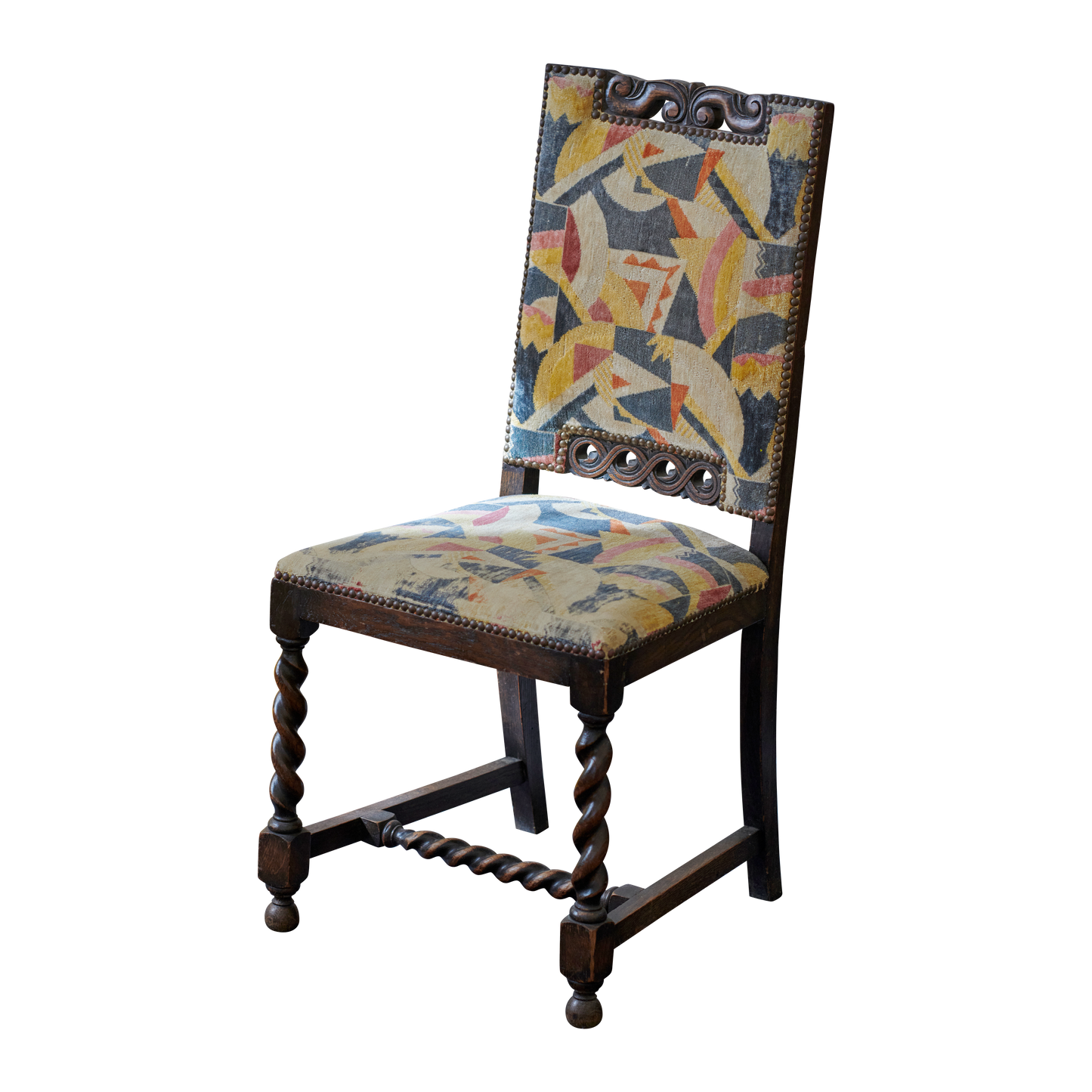 JACOBEAN STYLE PAIR OF OAK SIDE CHAIRS w. ORIGINAL UPHOLSTERY