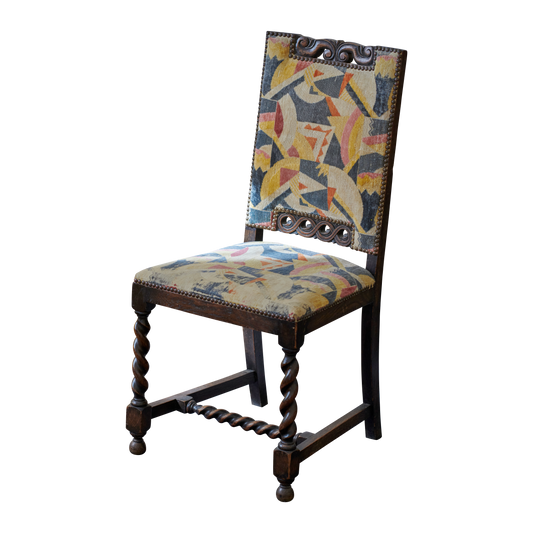 JACOBEAN STYLE PAIR OF OAK SIDE CHAIRS w. ORIGINAL UPHOLSTERY