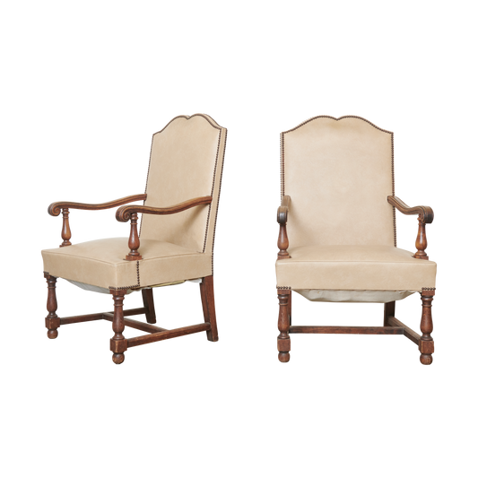 PAIR OF LEATHER FRENCH OAK ARMCHAIRS