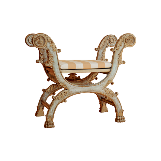 LOUIS XVI HAND PAINTED CARULE BENCH w. STRIPED CUSHION