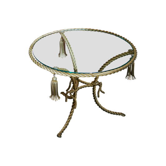 METAL TASSEL ROPE TABLE w. GLASS TOP