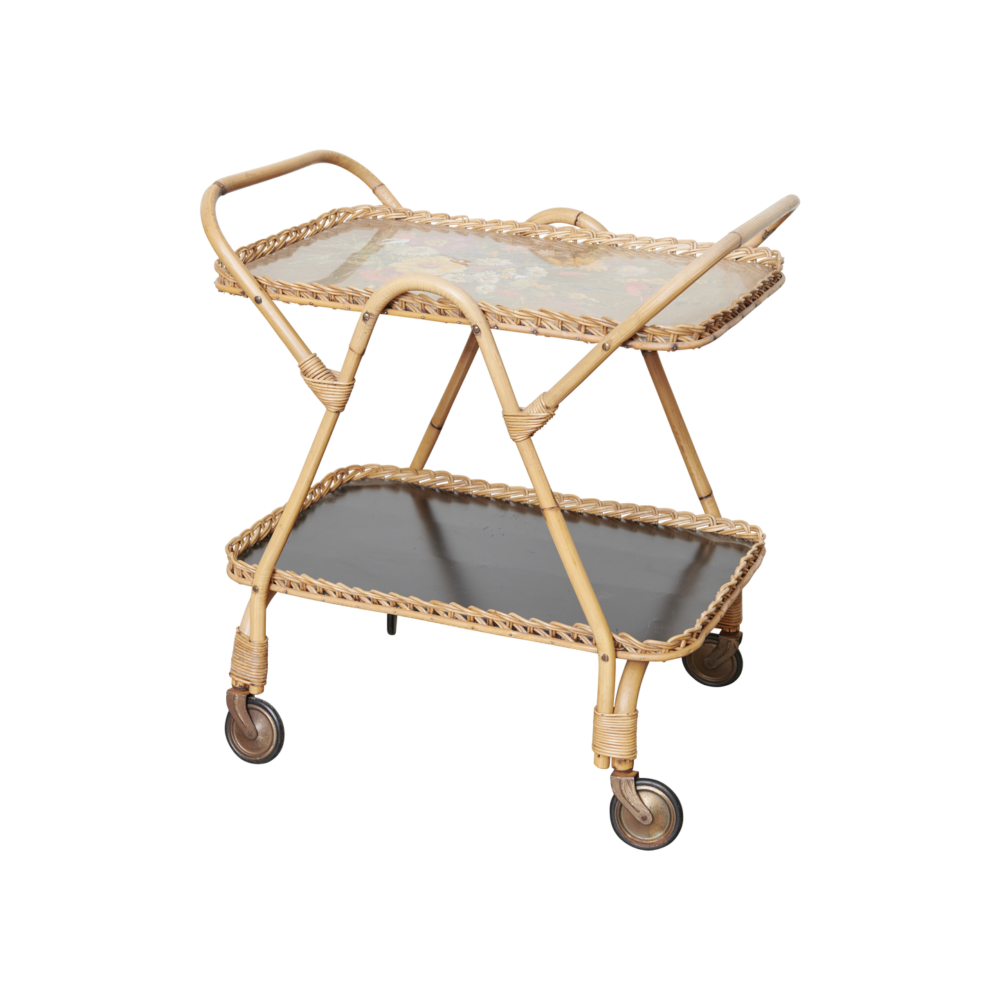 MID-CENTURY FLORAL HAND PAINTED GLASS & RATTAN BAR CART