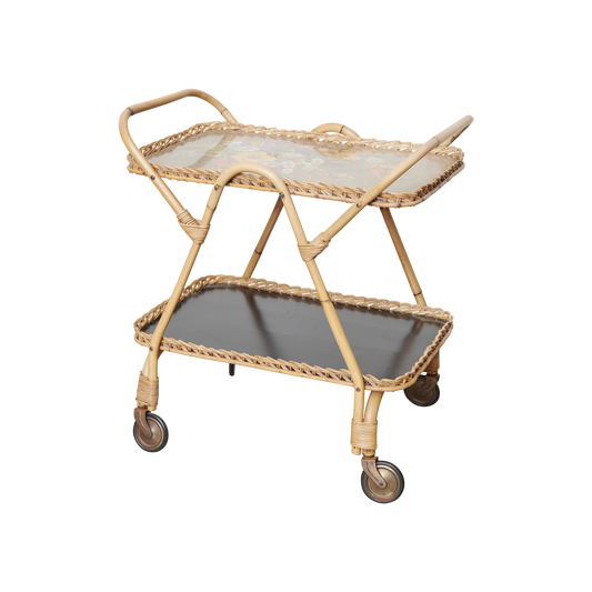 MID-CENTURY FLORAL HAND PAINTED GLASS & RATTAN BAR CART
