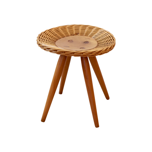MID CENTURY TIMBER STOOL w. WOVEN CANE DETAIL