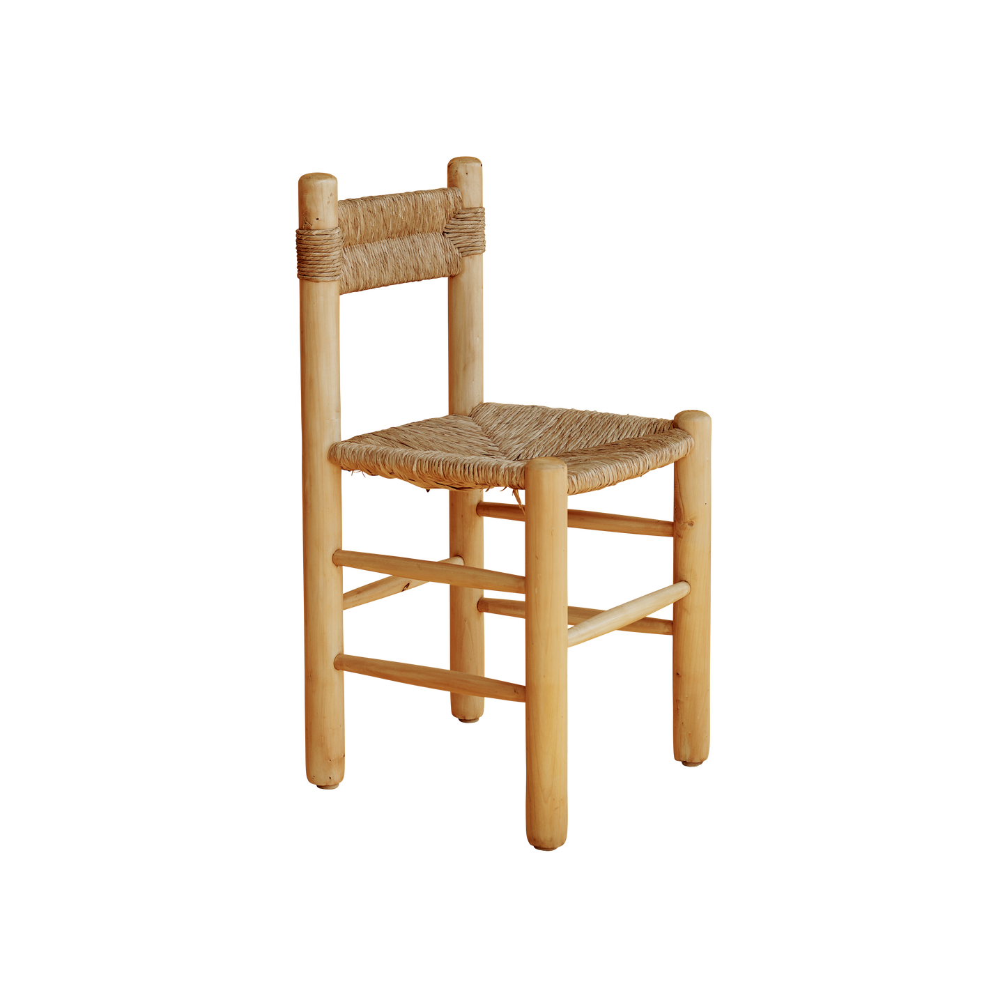 SET OF FOUR RUSH DINING CHAIRS w. RATTAN & NATURAL TIMBER
