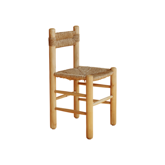 SET OF FOUR RUSH DINING CHAIRS w. RATTAN & NATURAL TIMBER