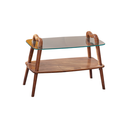 SCULPTURAL HAND CARVED SIDE TABLE w. GLASS TOP