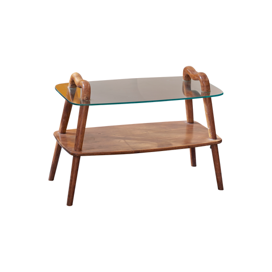 SCULPTURAL HAND CARVED SIDE TABLE w. GLASS TOP