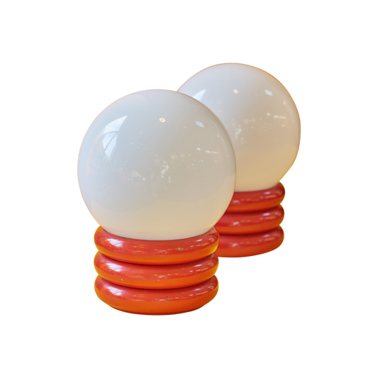 PAIR OF SMALL RED ROLL ORB LAMPS