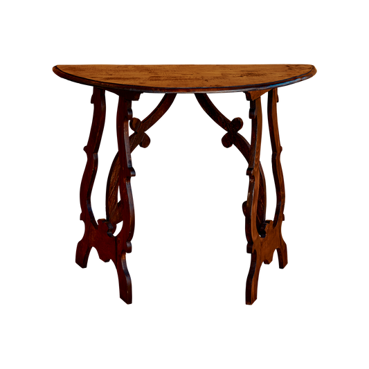 PAIR OF SPANISH DARK WALNUT DEMI-LUNE CONSOLE TABLES
