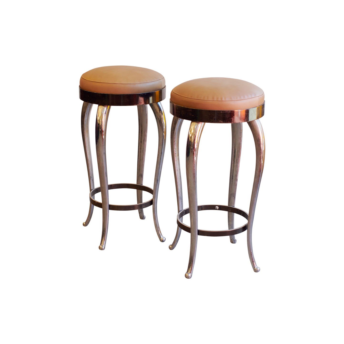 STAINLESS STEEL BAR STOOLS w. LEATHER UPHOLSTERY