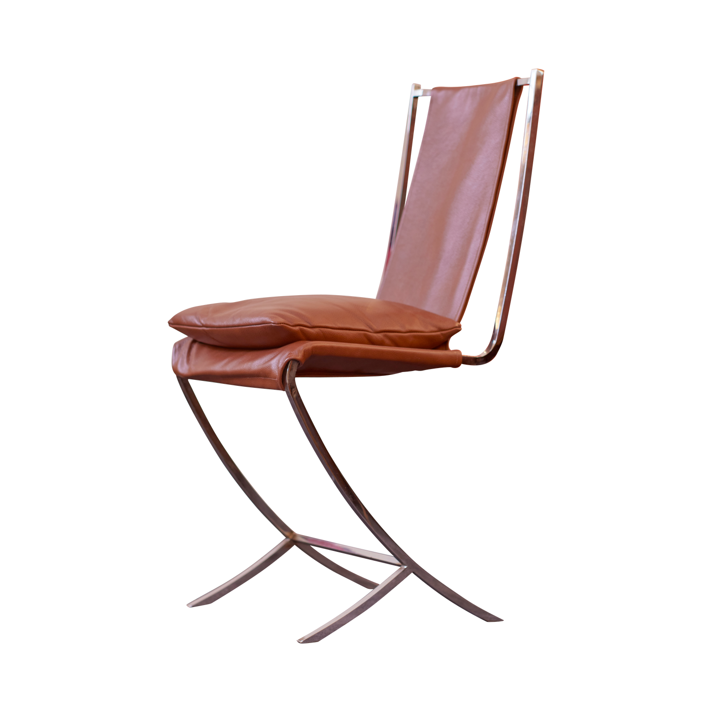 SET OF FOUR STAINLESS STEEL SLING CHAIRS w. LEATHER UPHOLSTERY & CUSHION