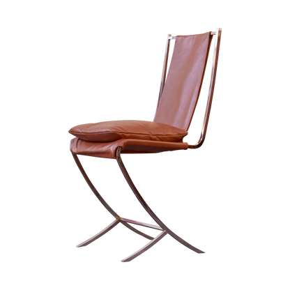 SET OF FOUR STAINLESS STEEL SLING CHAIRS w. LEATHER UPHOLSTERY & CUSHION