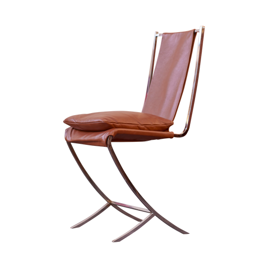 SET OF FOUR STAINLESS STEEL SLING CHAIRS w. LEATHER UPHOLSTERY & CUSHION