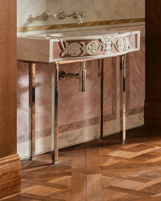 WHITE AND PINK MARBLE BASIN w. FLORAL DETAILING
