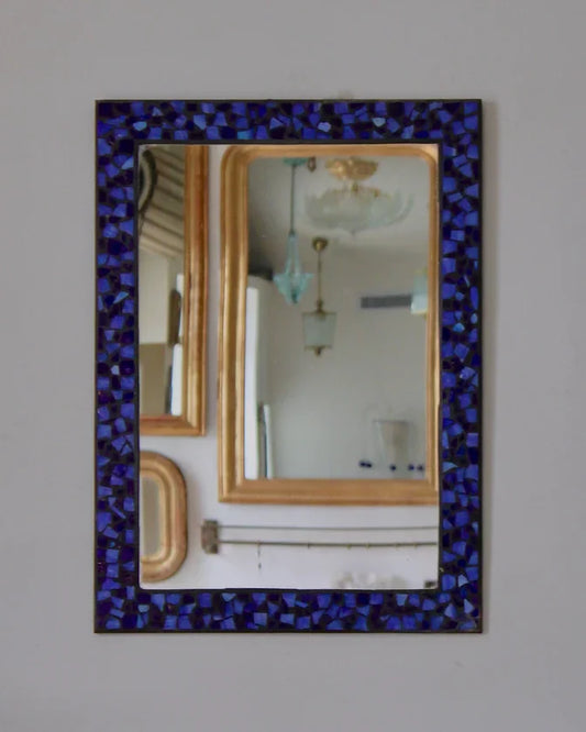 PAIR OF BLUE MOSIAC SLAG MIRRORS