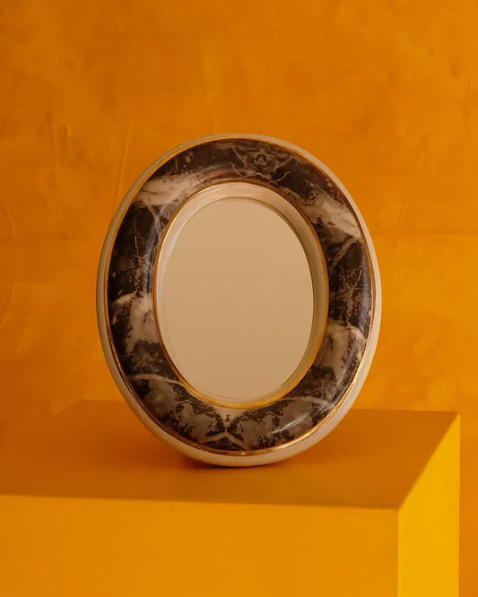 MARBLED FRAME VANITY MIRROR w. BRASS RIM