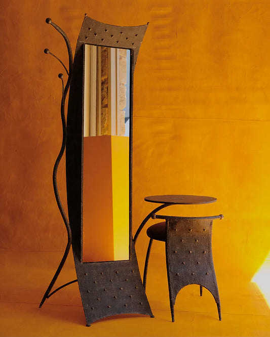 BRUTALIST METAL MIRROR w. SIDE CHAIR