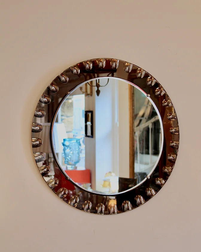 ART GLASS ROUND MIRROR w. CRIMPED DETAIL