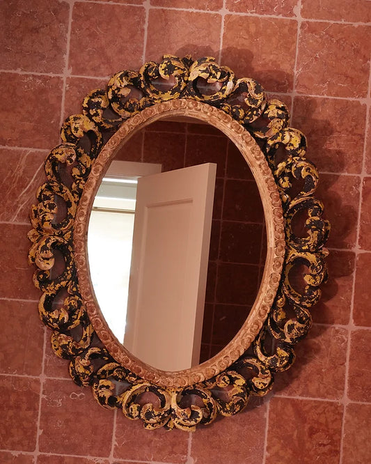 HAND CARVED BLACK & YELLOW WOODEN MIRROR