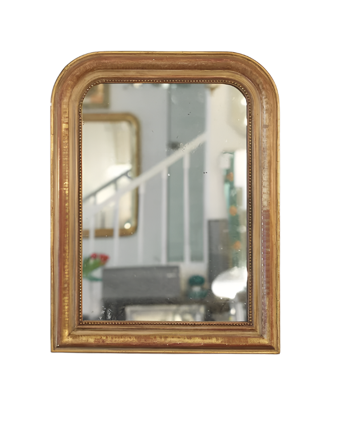 SMALL LOUIS PHILIPPE GILTWOOD MIRROR w. RED BEADED DETAIL