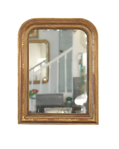 SMALL LOUIS PHILIPPE GILTWOOD MIRROR w. RED BEADED DETAIL