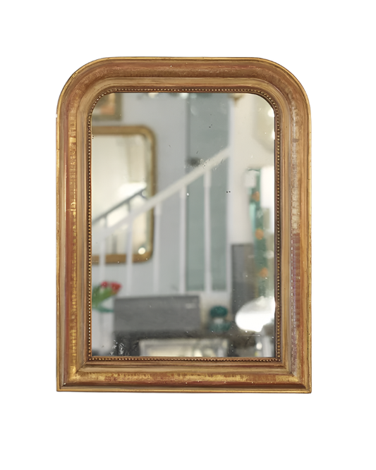 SMALL LOUIS PHILIPPE GILTWOOD MIRROR w. RED BEADED DETAIL