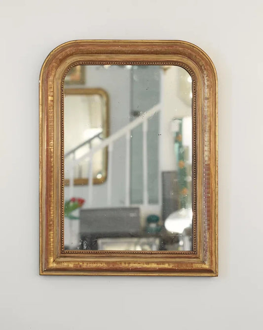 SMALL LOUIS PHILIPPE GILTWOOD MIRROR w. RED BEADED DETAIL